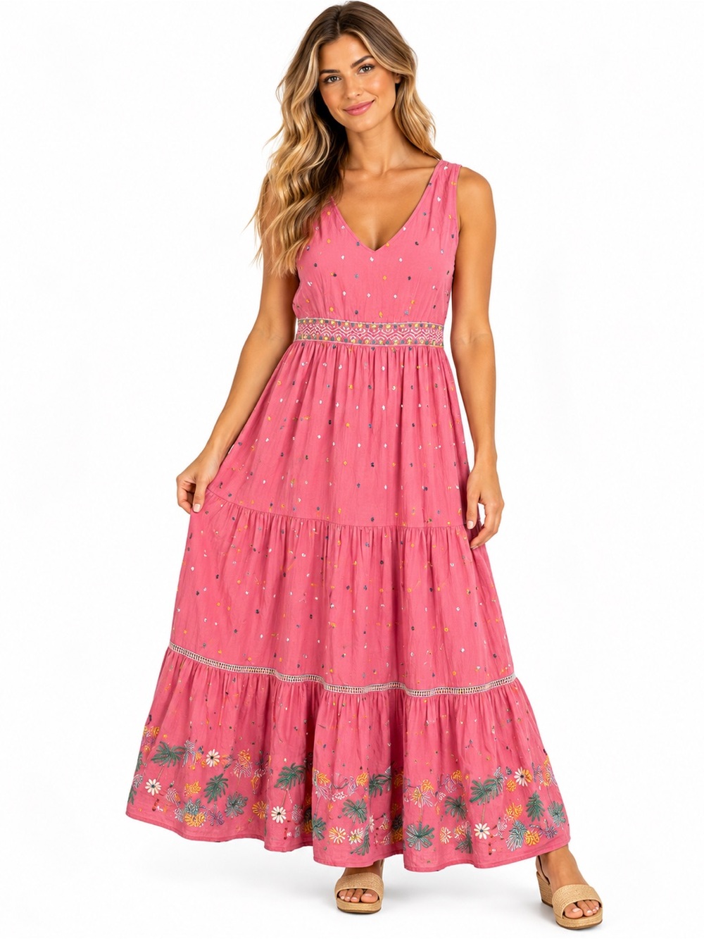 crown & ivy Pink Sleeveless Embroidered Maxi Dress